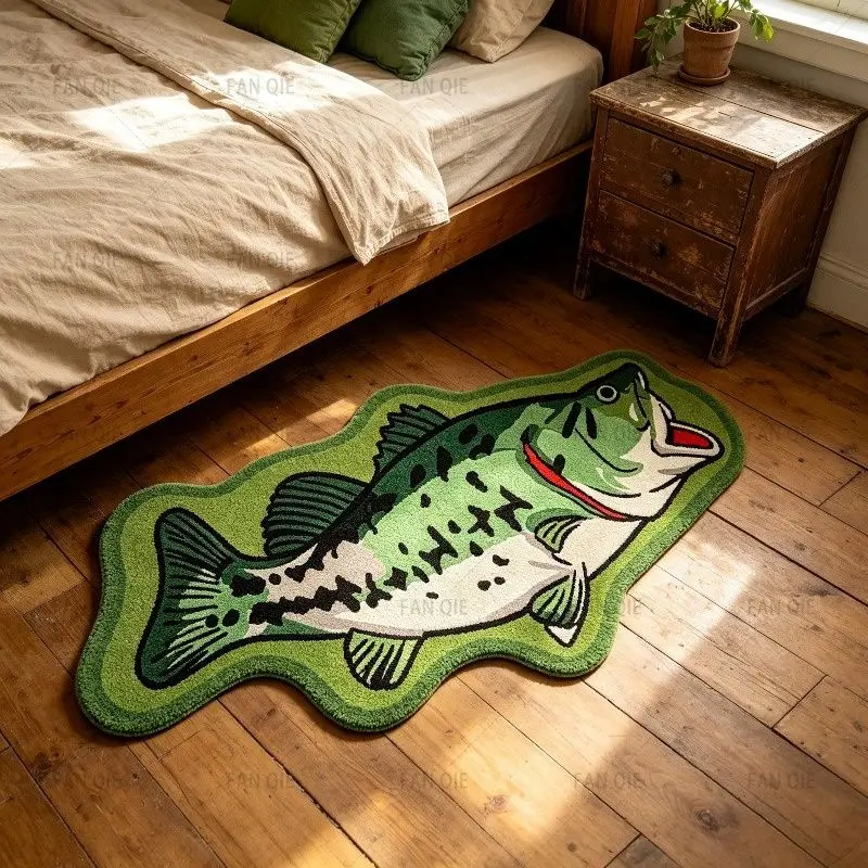 VIKAMA Bass Fish Lying Rug, Green White Spotted Open Mouth Fish Shape Mat, Novelty Office Bedroom Floor Carpet, Cozy Accent Rug