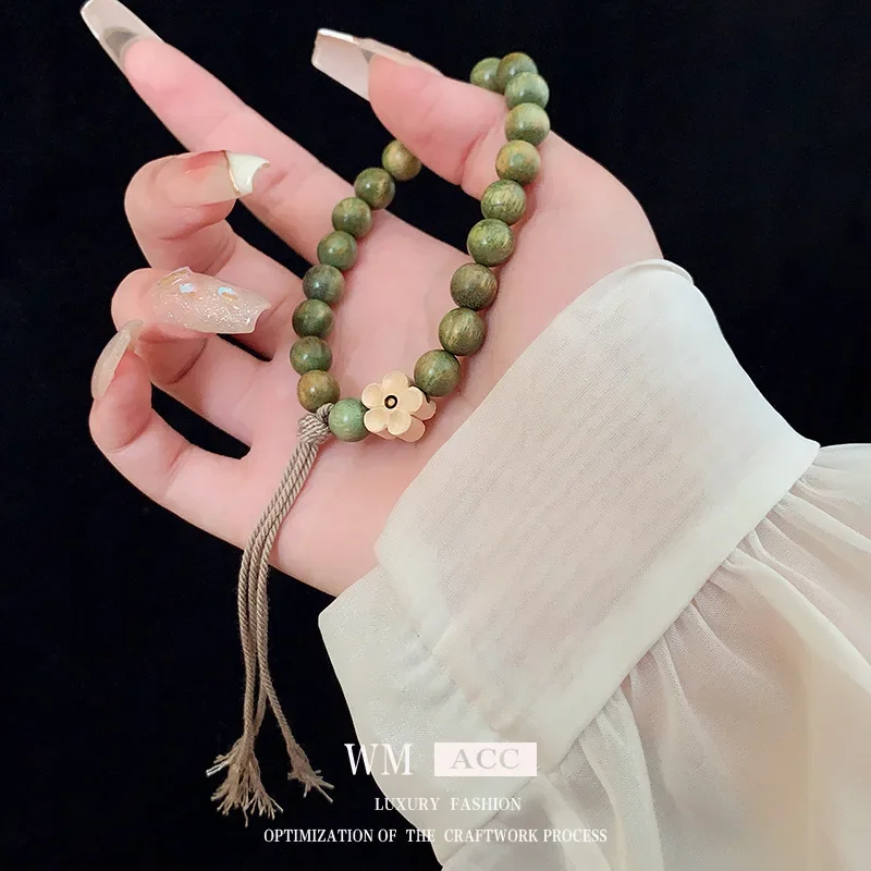 Flower Green Sandalwood Bodhi Bangle Tassel Niche All-match Ship Elegant Light Luxury High-end Women Gifts Bracelet