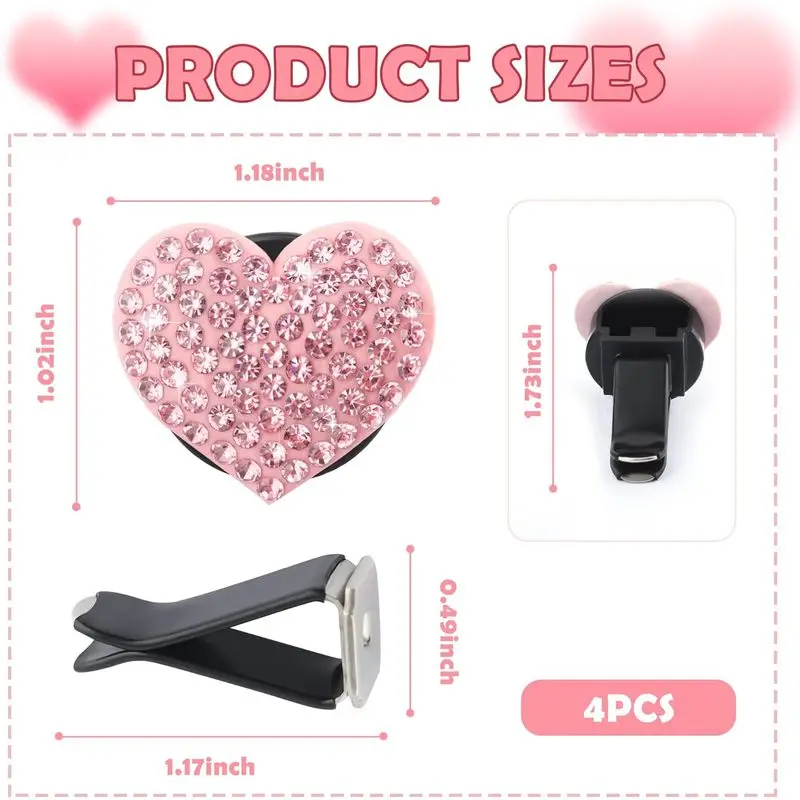 4 Individual Pink Heart-Shaped Diamond-Encrusted Car Air Conditioning Vent Clips Shiny Decoration Clips for Cars