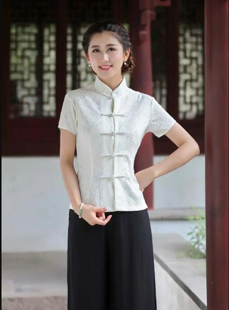 Wholesale Chinese Traditional Women Short Sleeve Jacket Satin Lace Tang Coat Casual T Shirt Slim Tops Blouse Size M L XL XXL 3XL