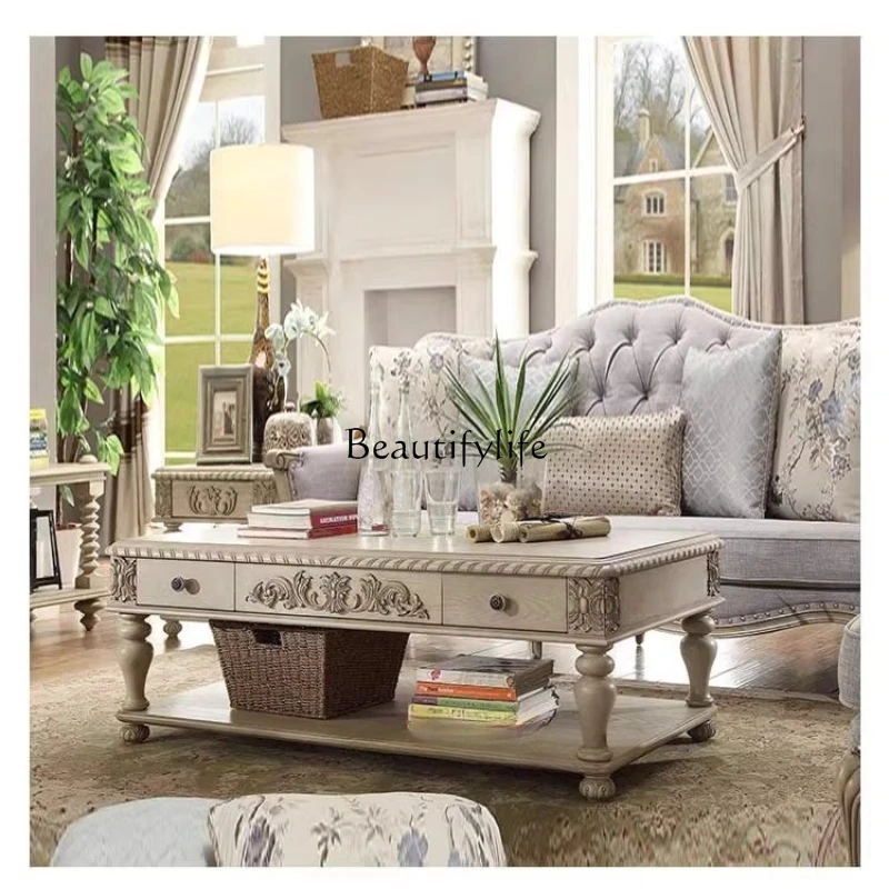 

*American European solid wood furniture antique white old living room coffee table storage coffee table
