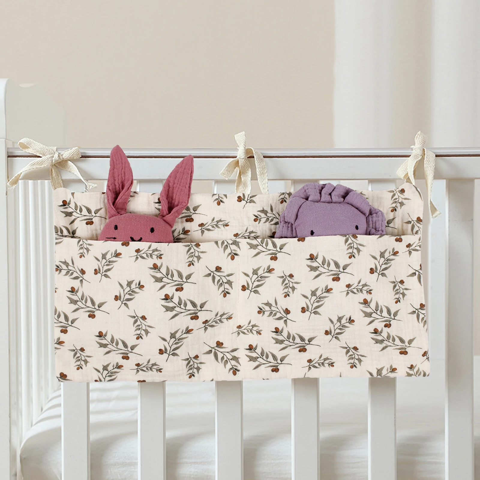 Baby Crib Storage Bag Cotton Muslin Stroller Hanging Mulitifunction Toddler Diaper Nursery Bed Storage Organizer