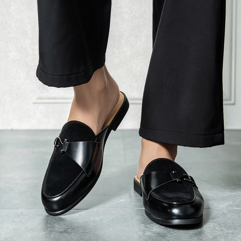 Big Size 46 Mules Men's Half Slippers Leather Slip On Shoes Luxury Male Flats Backless Casual Shoes Moccasins Open-back Loafers