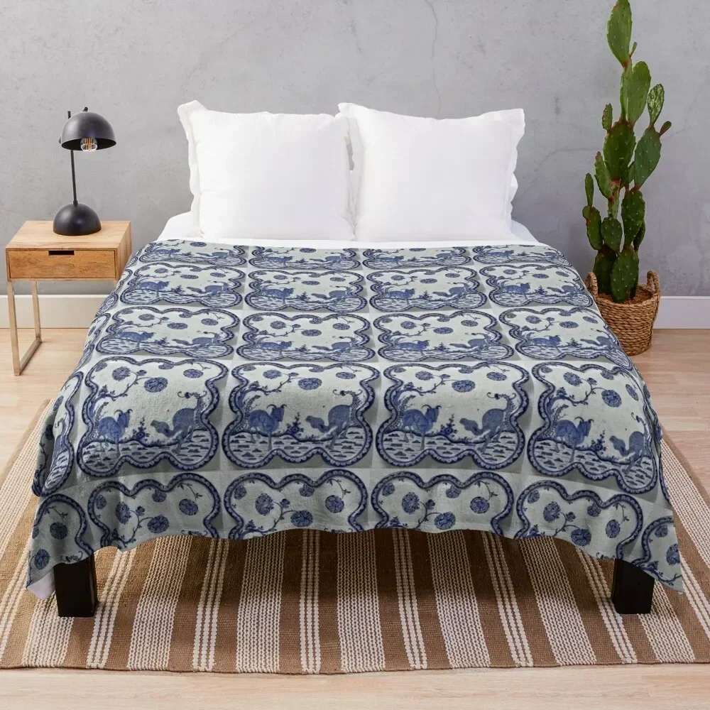 

Blue Tilework Throw Blanket Warm Accent Blanket for Living Room Decoration