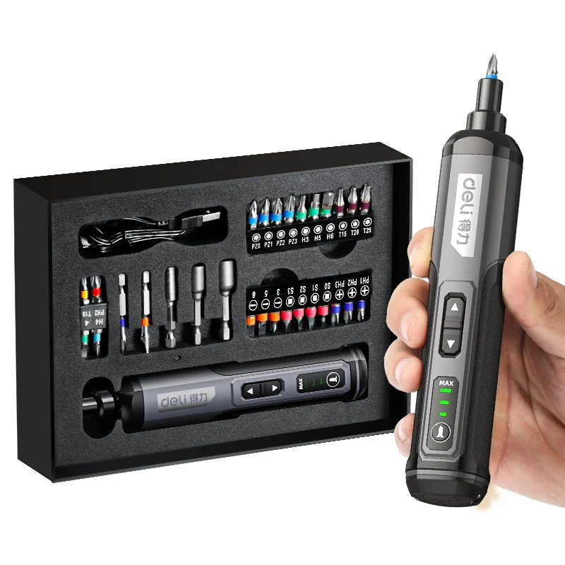 Deli-Juego de destornilladores eléctricos inalámbricos, Mini destornillador eléctrico inteligente de 3 velocidades y alto par, herramienta eléctrica recargable de 4V