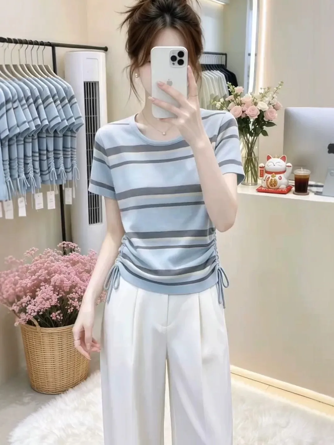 Blue Striped Side Drawstring Short Sleeve Knitted Top Women's Summer plus Size Slimming Casual Top Cover Belly Weight Loss