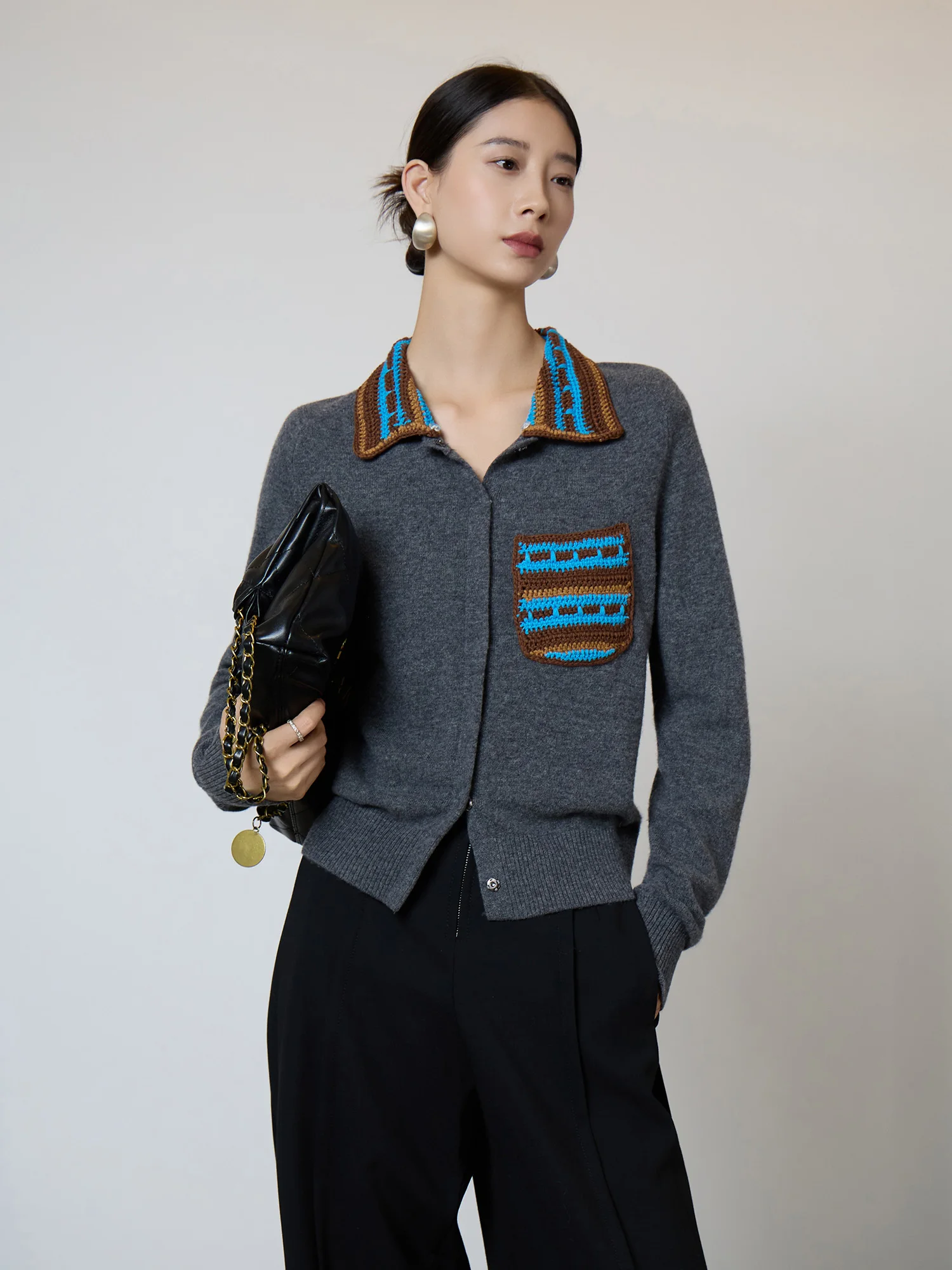 

2025 Fall Winter Gray Fair Isle Sweater Knitted Cardigan for Women, Retro Navy Collar Design, Casual High-End Retro Outerwear, E