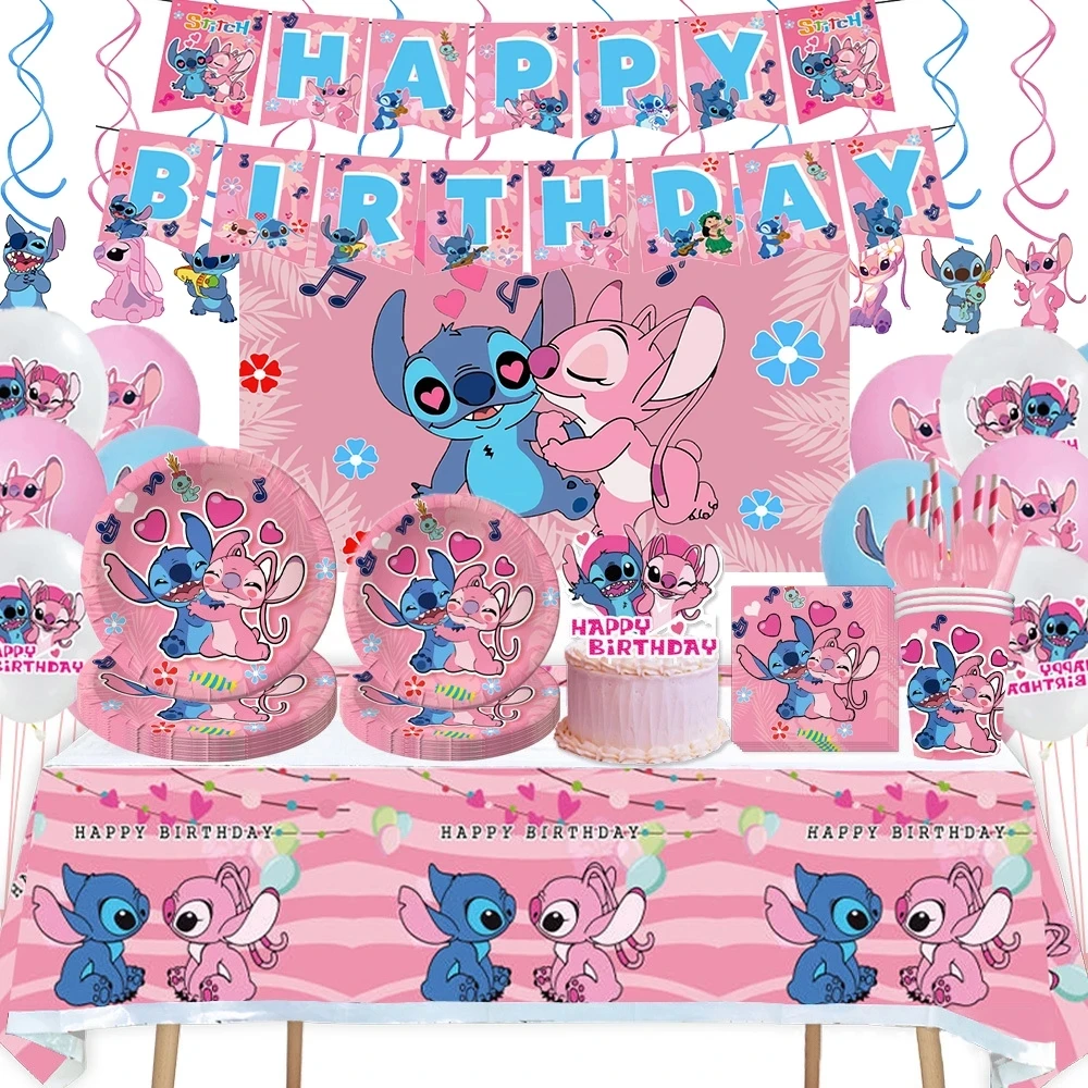 Disney Stitch Decoration Birthday Pink Lilo Stitch party Supplies Foil Balloons Tableware Backdrop Plate Napkin Kids Gift Favors