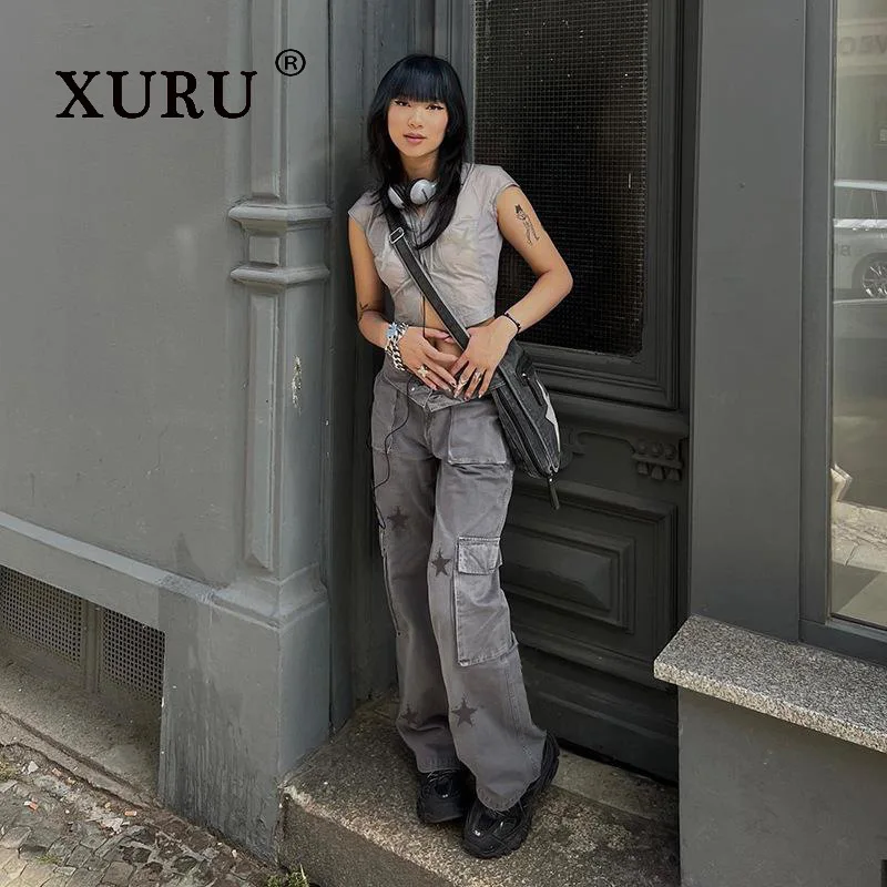 XURU-Women's Low Waisted Denim Pants, Street Retro Style Workwear, Star Printed, Large Pocket Design, Casual, K5-6692