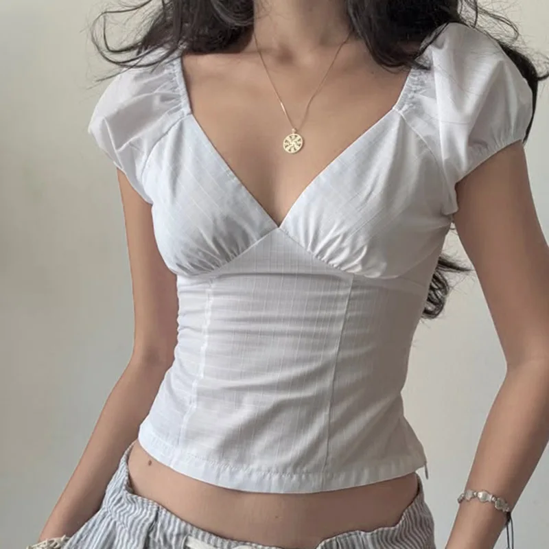

Solid V Neck Puff Sleeve Sexy Slim Crop T Shirt Top Spring Summer Women Cute Casual Clothes Streetwear Party Wholesale