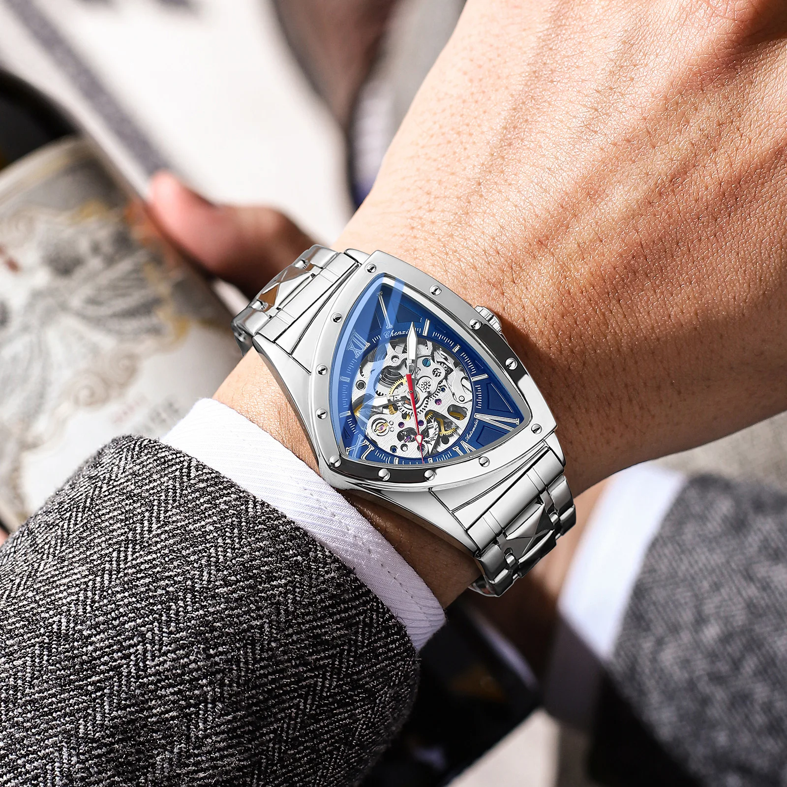 CHENXI ساعة أوتوماتيكية رجل الميكانيكية موضة الهيكل العظمي العسكري جوفاء مقاوم للماء ساعات رياضية للرجال مثلث الهاتفي ساعة اليد