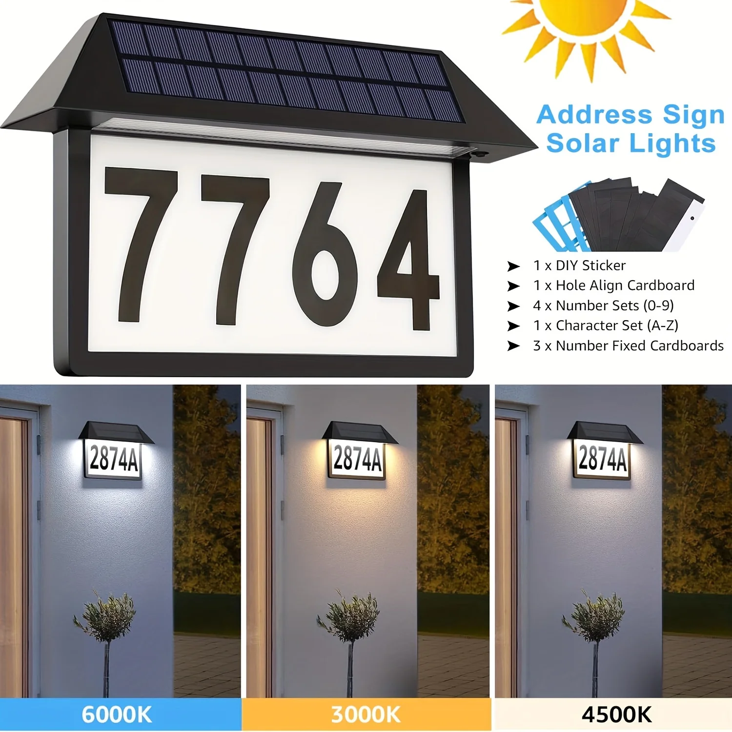 Solar Address Sign Lamp, Lighted House Numbers, 3 Color Temperature LED Illuminated Address Plaque Solar Power Garden Wall Light