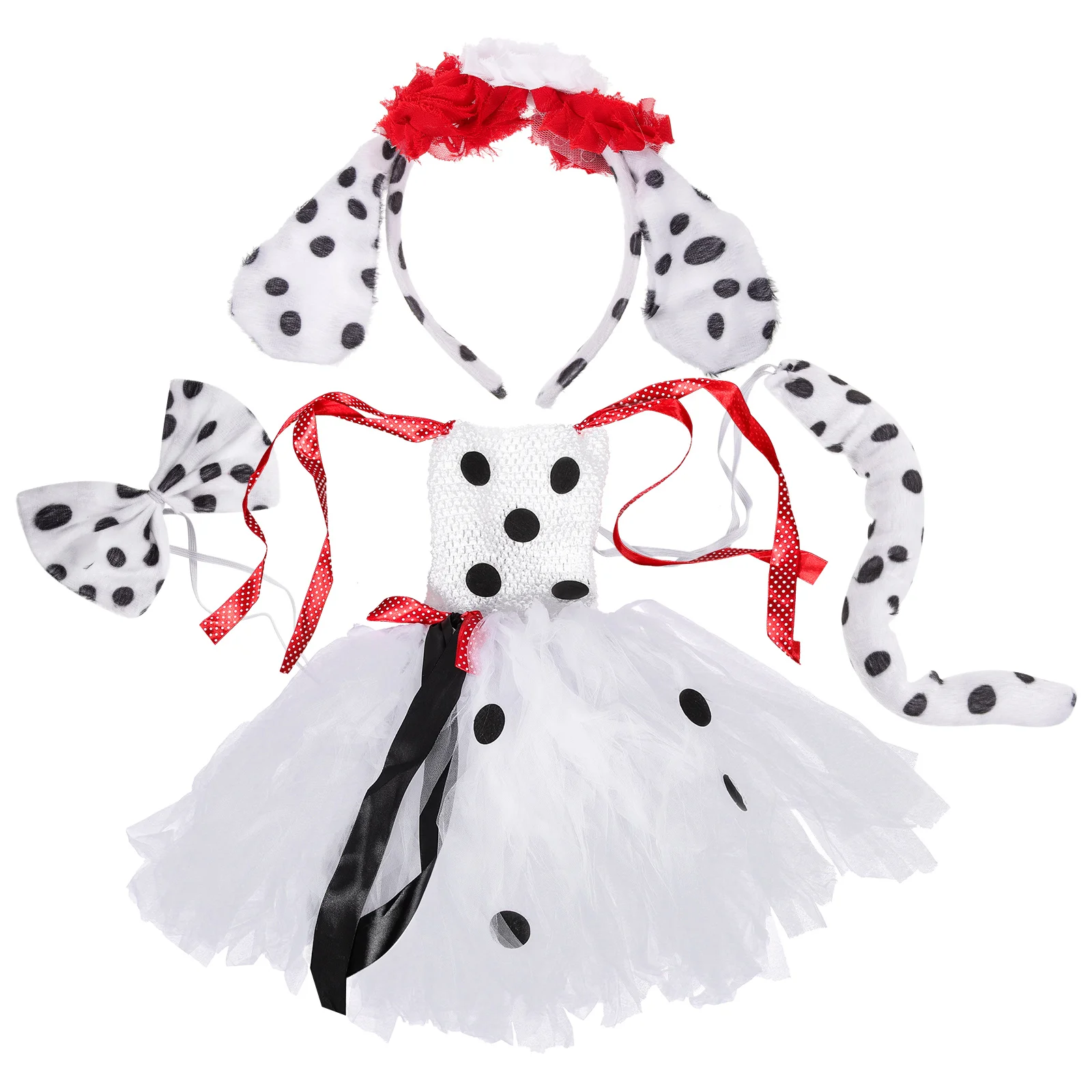 

Dalmatian Girl Dress Costume Set Ears Tail Headwrap Skirt Kids Soft Comfortable Halloween Animal Theme PerformanceKids Clothing
