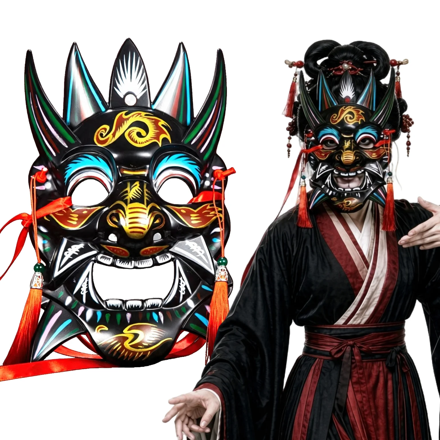 1Pc Chinese Nuo Opera full face mask, hand-painted intangible heritage craft, ABS wear-resistant material for stage and cosplay