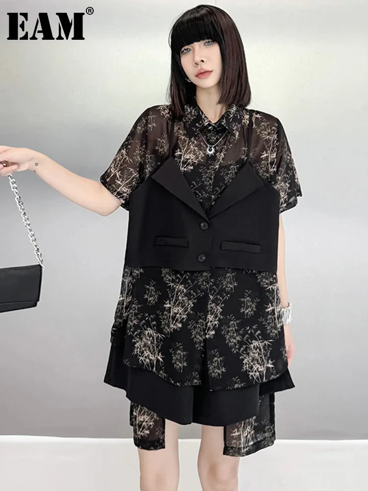 

[EAM] Black Perspective Shirt Wide Leg Shorts Two Piece Suit New Lapel Short Sleeve Women Fashion Spring Summer 2024 1DH6141