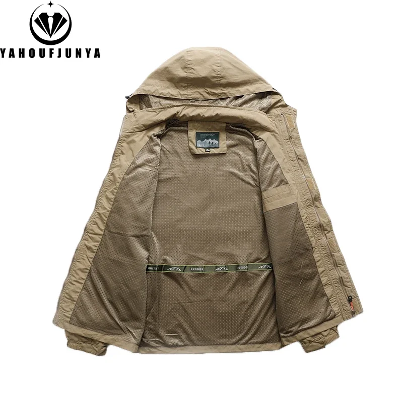 Men Autumn Cargo Outdoor Casual Detachable Hooded Jacket Men Utility Many Pocket Zipper Solid Color Windproof Jacket Male Coat