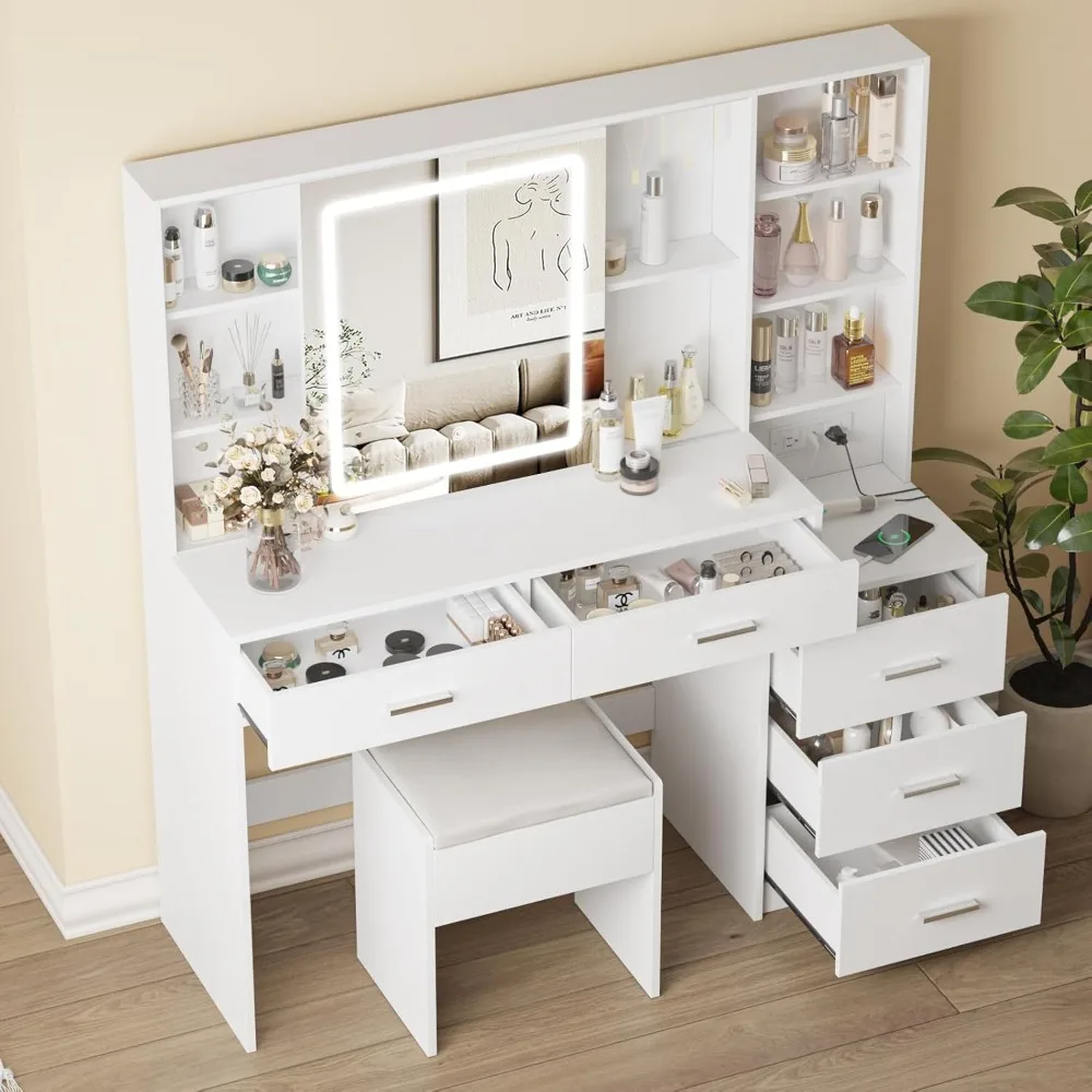 Vanity Desk with Sliding Mirror, Vanity Table with 3 Color Lighting, with Chair, 5 Drawer Storage, 5 Hooks, Charging Station