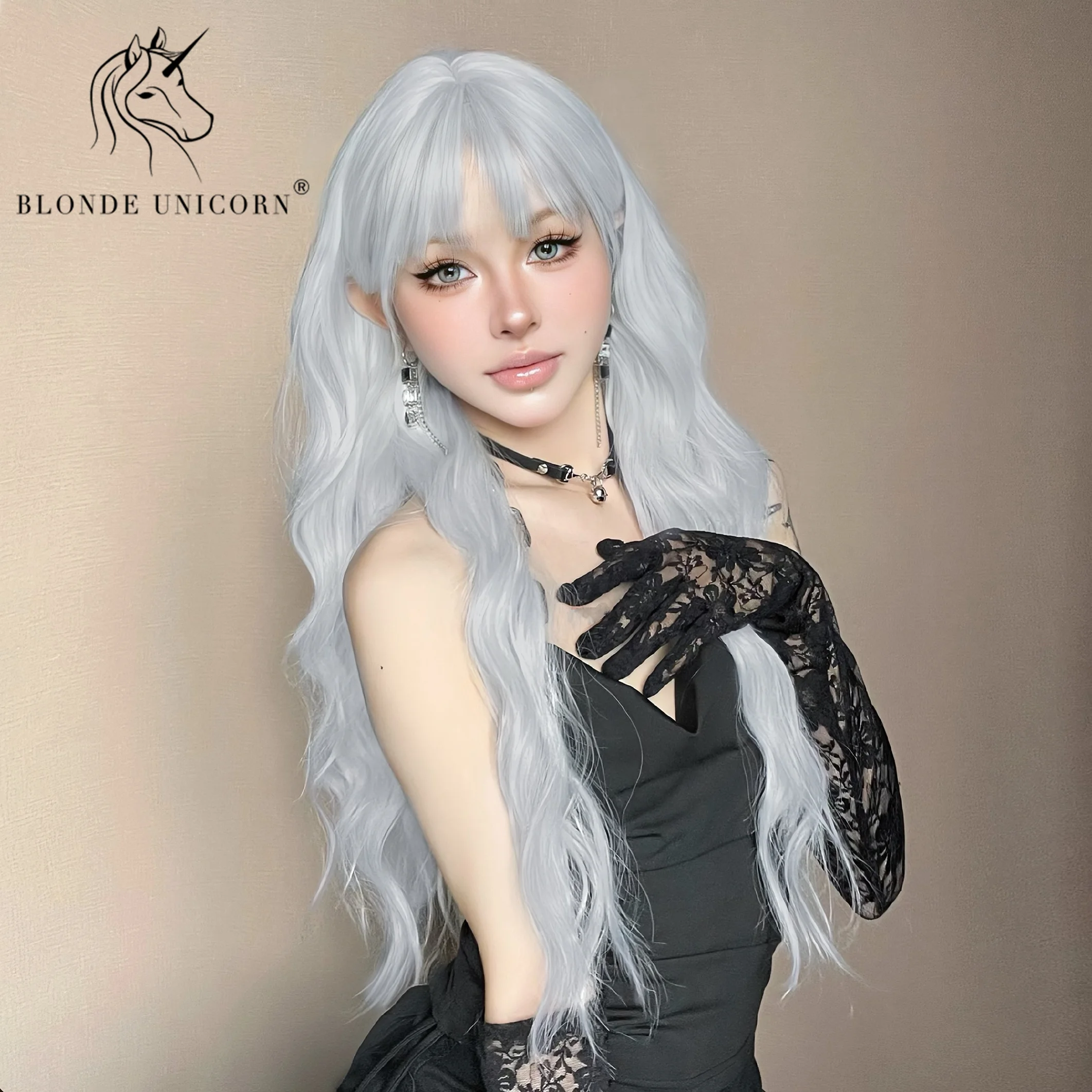 Blonde Unicorn Long White Sliver Synthetic Wigs with Bangs Wavey Daily Party Cosplay Wigs for Women Heat Resistant Fiber Hair