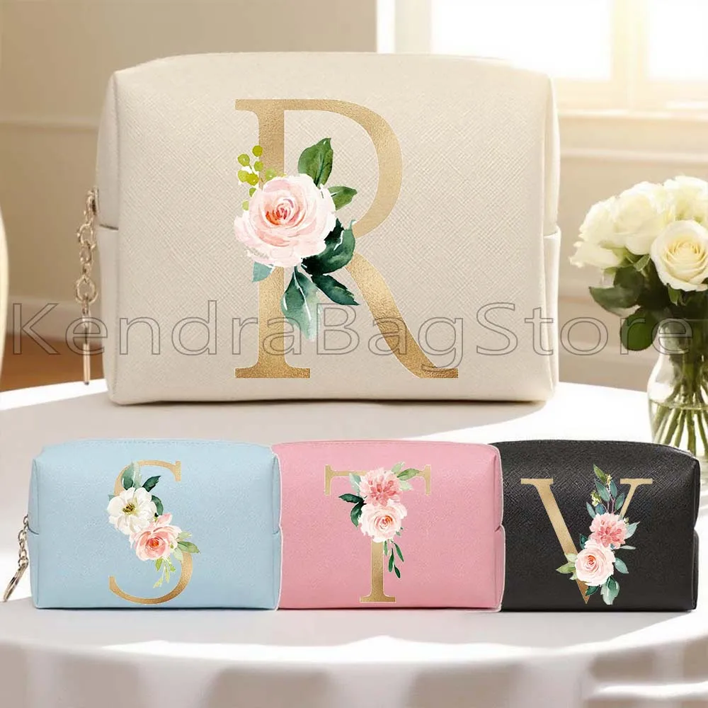 

Милая цветочная монограмма, золотые начальные буквы, подарки, дорожная косметичка из искусственной кожи, женские косметички, водонепроницаемая сумка для хранения туалетных принадлежностей