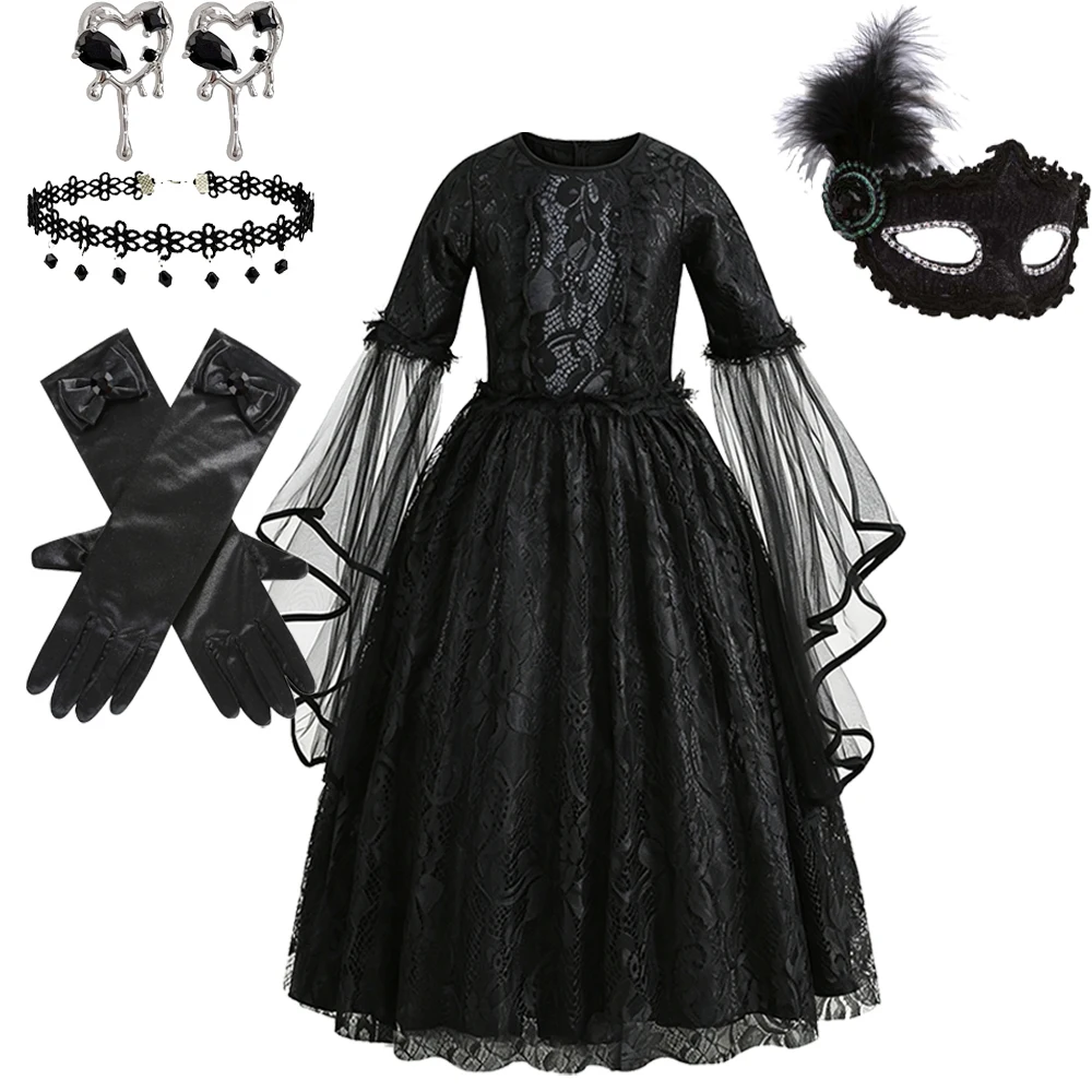 Mädchen Halloween Geisterbraut Cosplay Kostüm Kinder Schwarzes Cosplay Kleid Mädchen Böse Hexe Verkleidung Elegantes Kleid – Detail 8
