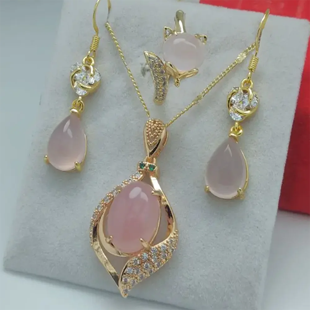 Pink Suits Natural Ice Chalcedony Stone Sweet Lady Agate FOX Ring Water Drop Earrings Round Gemstone Charm Jade Pendant Jewelry