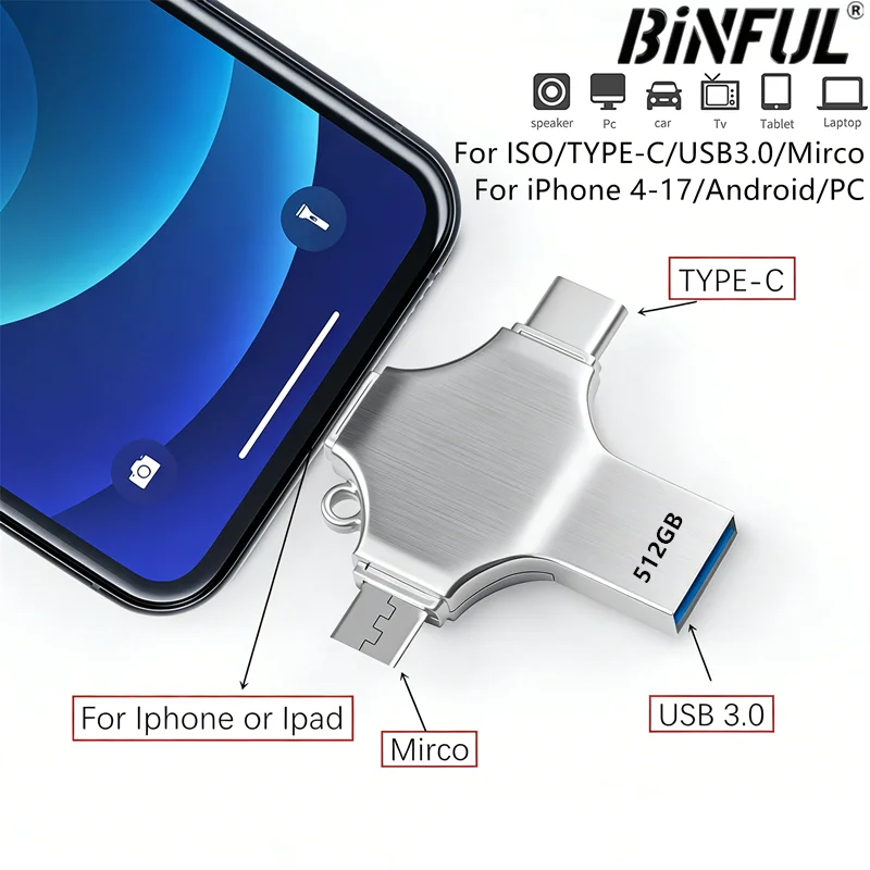 4in1 USB 3.0 High Speed Flash Drive 128GB 256GB 512GB OTG Ph