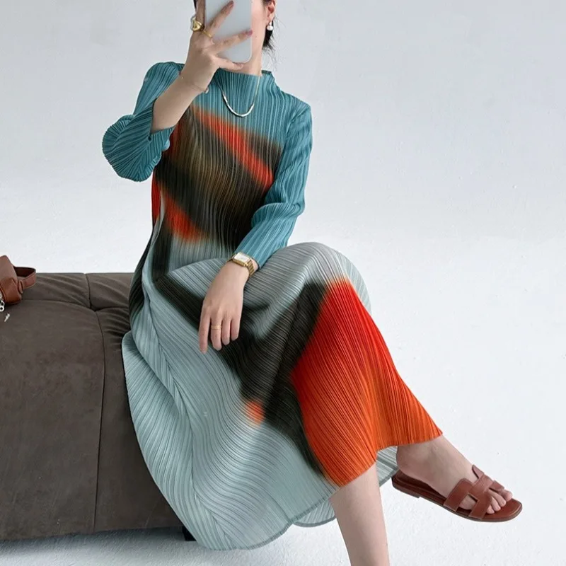 Miyake novo estilo francês vestidos femininos de manga comprida elegante temperamento impresso plissado emagrecimento cabido longo vestido de camadas