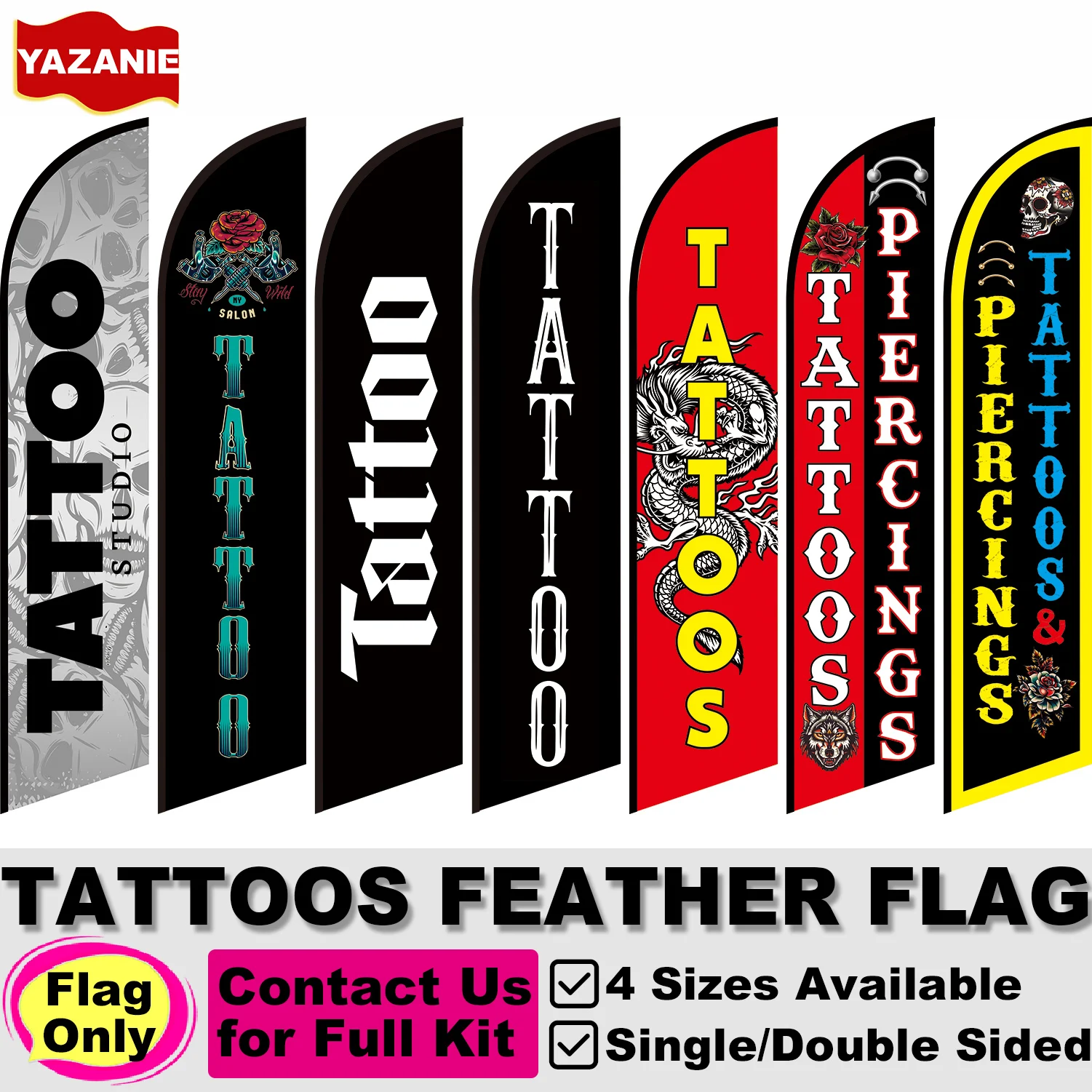 8FT Tattoos Feather Flag Single Double Sided 12FT Tattoos and Piercing Beach Flag Advertising Swooper Flags for Outdoor Business