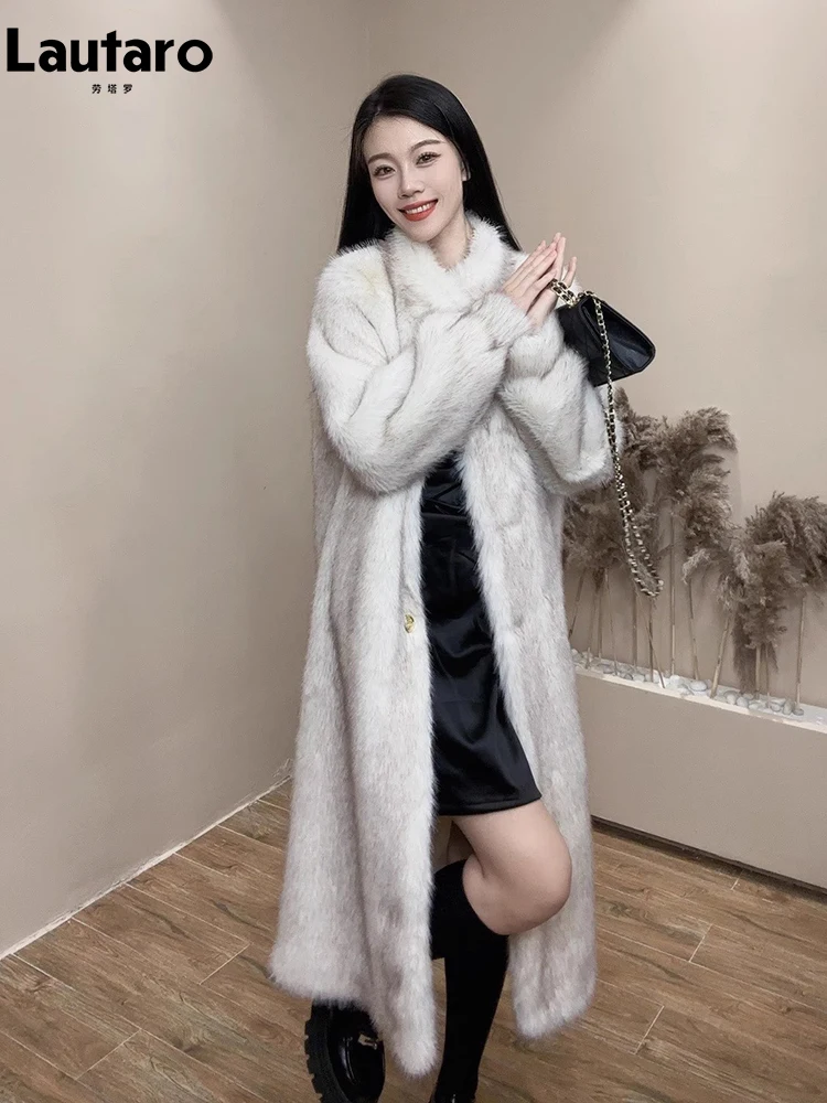 Lautaro Autumn Winter Long Thick Warm Hairy Soft Faux Fox Fur Coat Women Stand Collar Elegant Luxury Chic Fluffy Jacket 2024