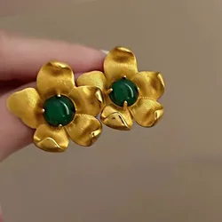 Vintage Geometric Metal Petal Flower Stud Earrings for Women Fashion Statement Trendy Gold Color Jewelry Accessories
