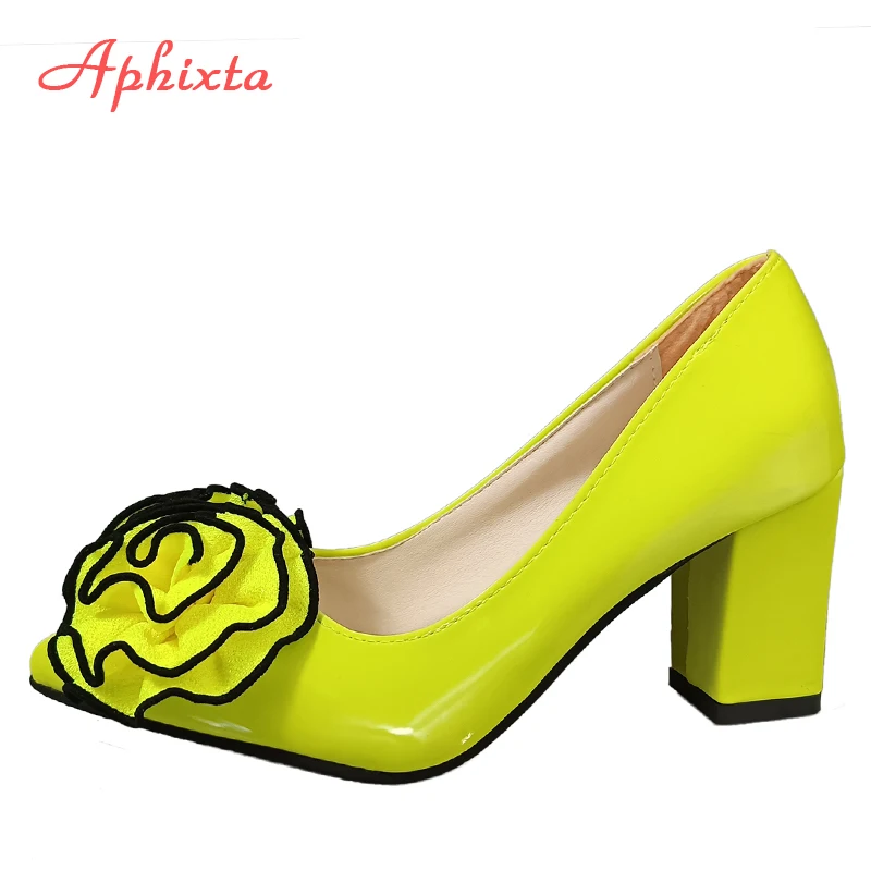 Aphixta 2022 Hot Sale Big Rose Flowers 7cm Chunky Heels Pumps Women Shoes Pointed Toe Appliques Pumps Super Big Size 30-50