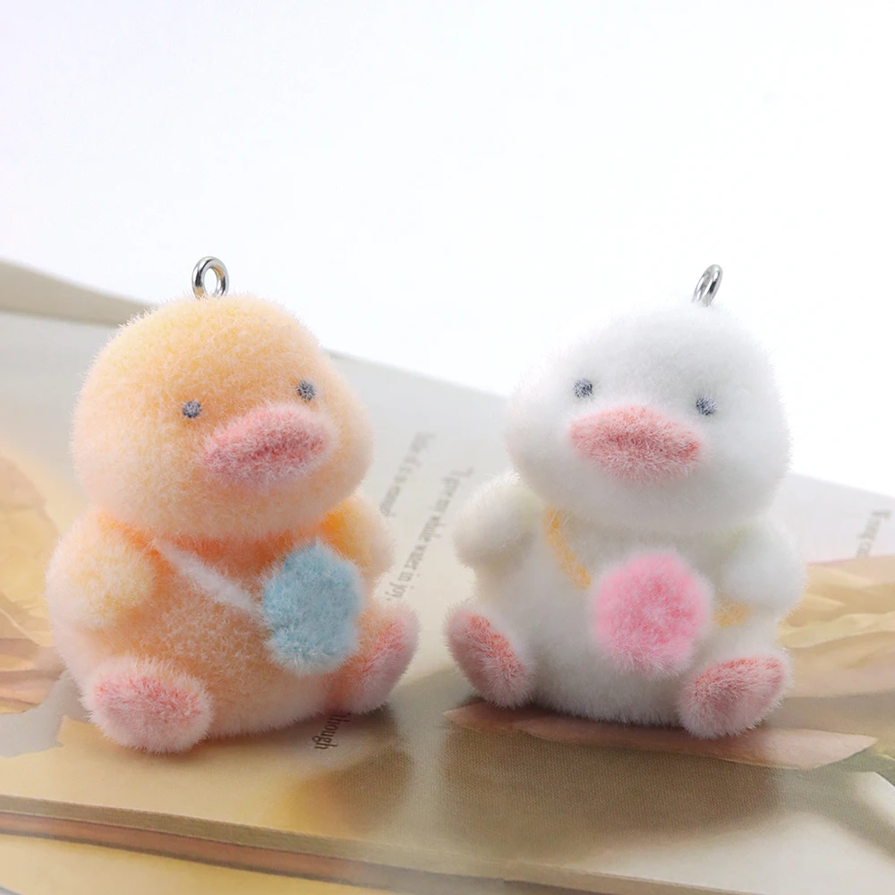 10pcs 3D Flocking Resin Duck Charms Cute Animal Plush Dolls Pendant for Necklace Keychain Earring DIY Making Jewelry Accessories