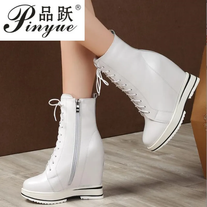 

12cm New Genuine Leather Platform Wedge Hidden Heel Women ZIP Autumn Winter Spring Ankle Motorcycle Booties Non Slip boots 33 39