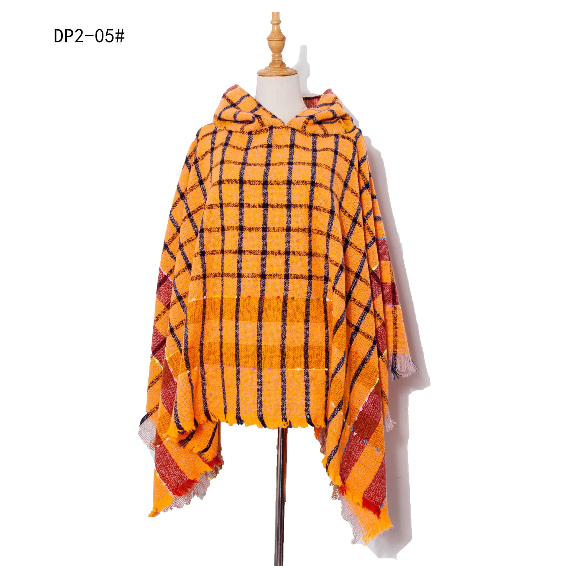 

Autumn Winter New Loop Yarn Plaid Hooded Pullover Cape Women Fashion Street Poncho Lady Capes Yellow Cloaks