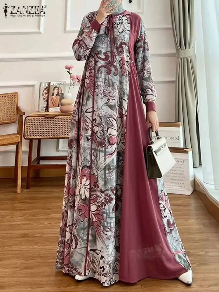 ZANZEA Stylish Floral Print Patchwork Maxi Dress Women Elegant Long Sleeve Tied Neck Abaya Robes Islamic Muslim Long Vestidos