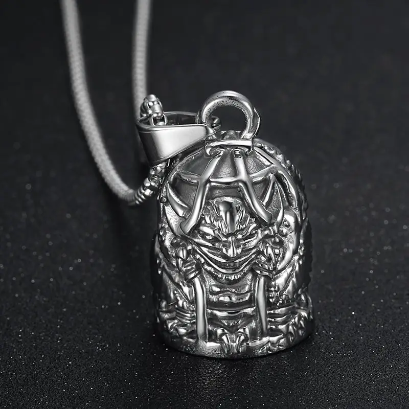 Megin D Stainless Steel Titanium Evil Monster Ghost Small Bell Pendant Collar Chains Necklace for Men Women Rider Fans Jewelry