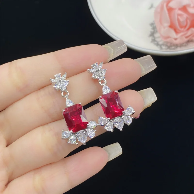 Luxurious Rectangular Red Corundum Fluorescent Light Color-Changing Full Diamond Elegant Short Earrings Women's Stud Ear