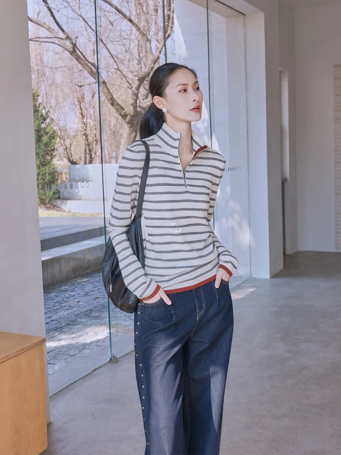 

Весенняя женская шерстяная футболка с молнией, повседневная, в полоску, удобная, дышащая, женский топ