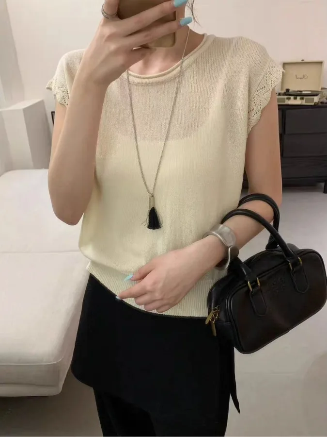 Oule  Trimming Lace Collar Knitted Top Summer Korean Style Versatile Anti-Aging Women's Short Sleeve Loose Fit Knitted Sw...