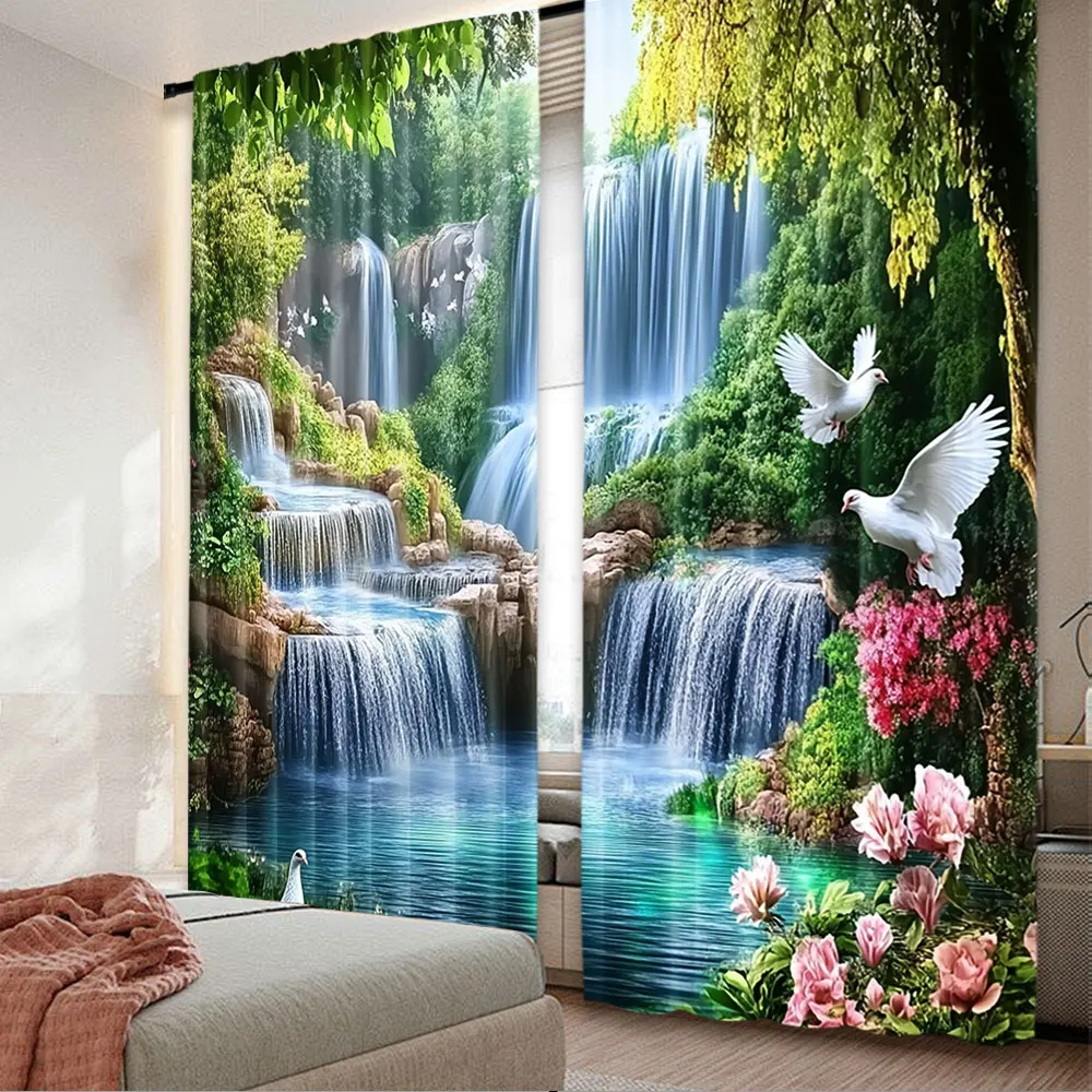 2Pcs Beautiful Forest Waterfall Landscape Curtain Vivid Nature Curtain Suitable For Bedroom Bathroom Living Room Dining Room