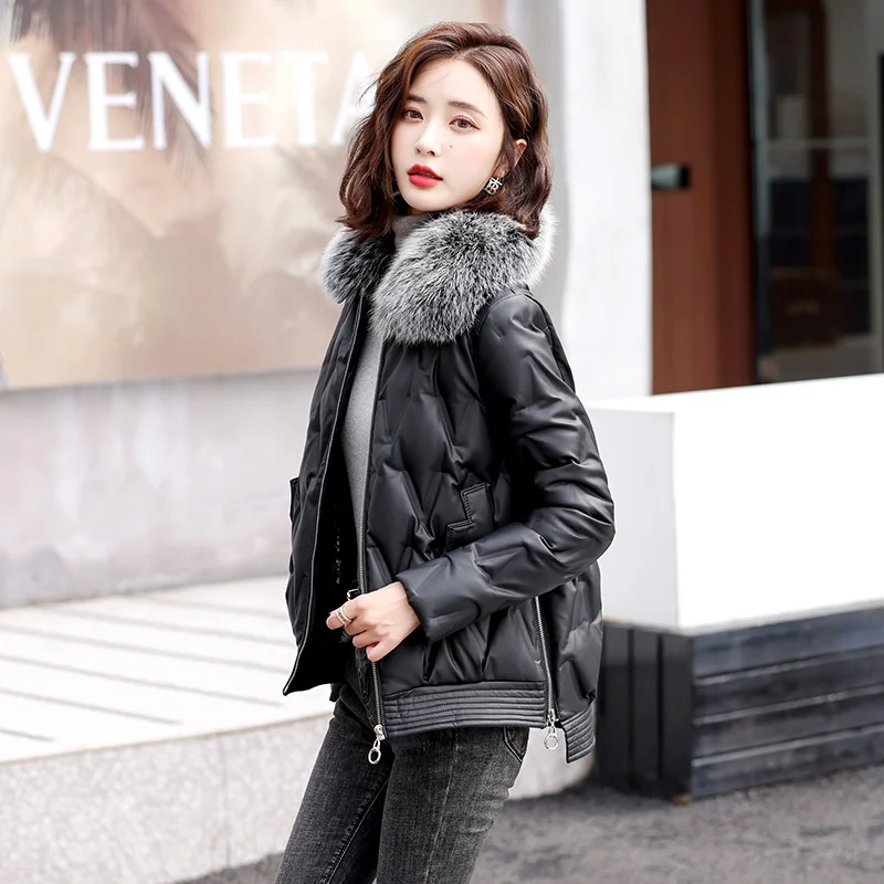 Casual Genuine Leather Jacket Women Winter 2023 Real Fox Fur Collar Sheepskin Coats Female Chaquetas Para Mujer Gxy1238