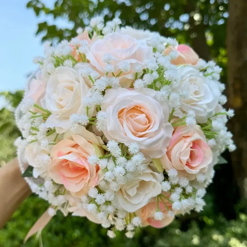 Ramos de boda para novia Babysbreath, ramos de dama de honor con rosas, cinta de seda, decoración del Día de San Valentín, bola de malla de encaje de perlas, regalo