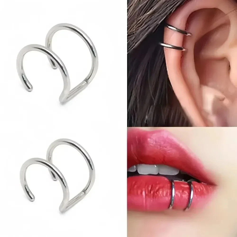 Women Stainless Steel U-shaped Double Layer Ear Clip, No Piercing Fake Ear Cuff Lip Clip, Ear Bone Nail Charms Jewelry Accessory