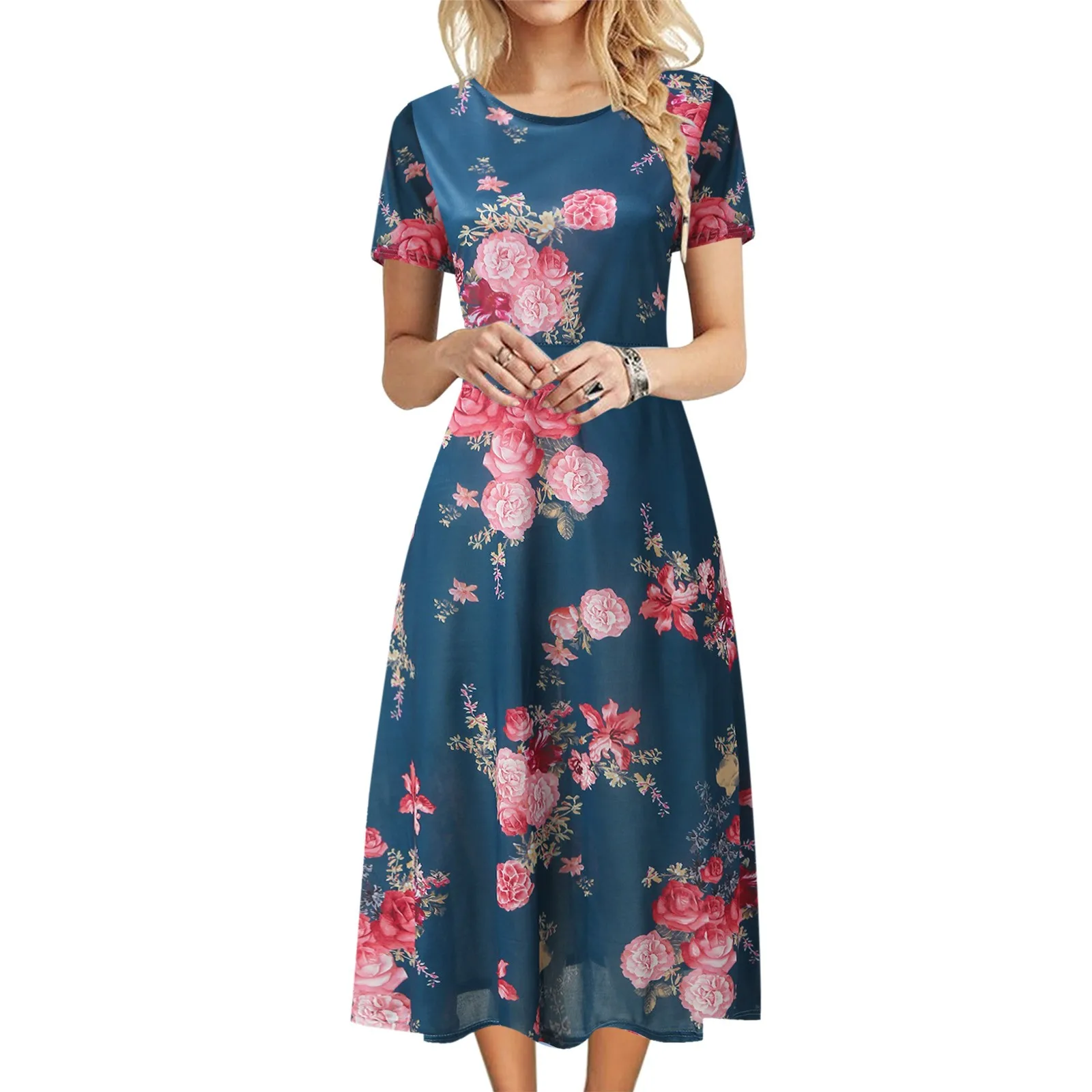 Bohemian Floral Drucken Schaukel Kleid Für Frauen Mode 2023 O Hals Kurzarm Plain Fit Einfache T Hemd Lose Flowy kleid