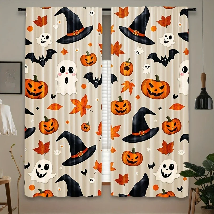 2PCS Digital Printed Curtains, Cute Pumpkins Ghosts Witch Hats Leaves Bats, Beige Cartoon Halloween Window Decor Kids Room