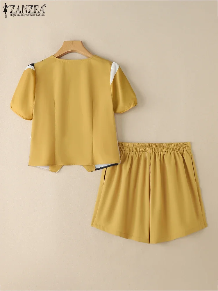 ZANZEA Womens Contrast-Stripe 2 ชิ้นชุดพัฟแขนสั้น V คอเสื้อ Elastic เอวกางเกงขาสั้น 2 ชิ้นชุดแฟชั่นชุดสั้น