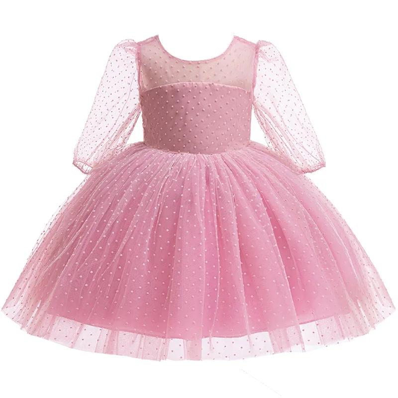 1 2 3 4 5 6 Years Girls Dress Solid Color Wave Point Bow Mesh Fashion Princess Dress For Christmas Birthday Party Fashion Gown