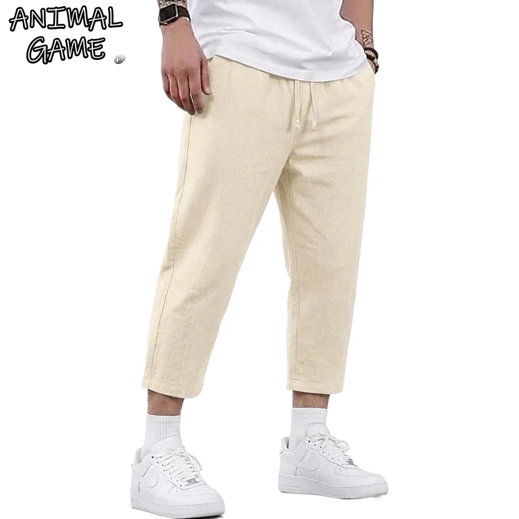 Men's Cotton Trousers Casual Pants for Men Solid Color Breathable Shorts Drawstring Baggy Pants Linen Short Pants Streetwear Men