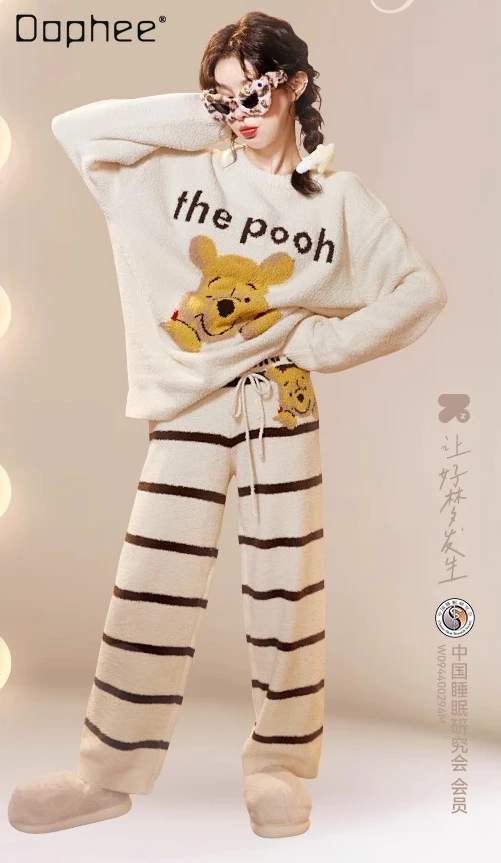 

Bear Cartoon Pajamas Women's Half Fleece Thickened Warm Autumn and Winter Loungewear Pjamas for Women