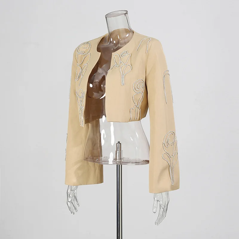 HKSH Set completo a due pezzi per donna Autunno Nuovo artigianato pesante con borchie Diamanti Elegante moda Cappotto corto Chic Pantaloni a gamba larga HK10878